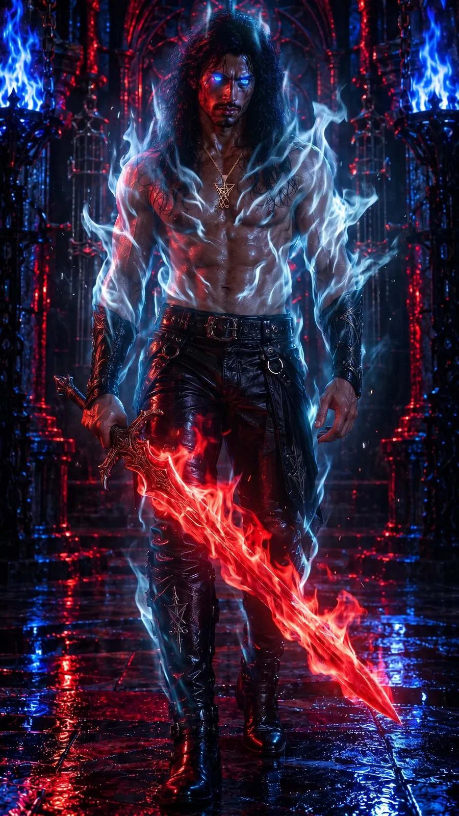 King Lucien raising a sword wreathed in red flame, blue-white light breaking around him