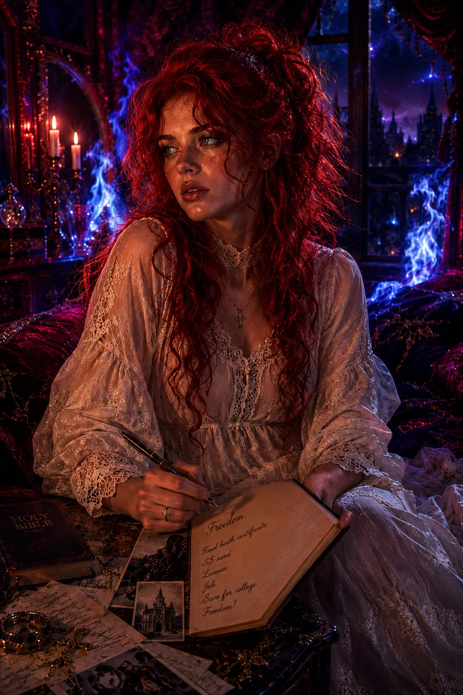 A red-haired woman writing in a journal by candlelight, blue flames among the candles