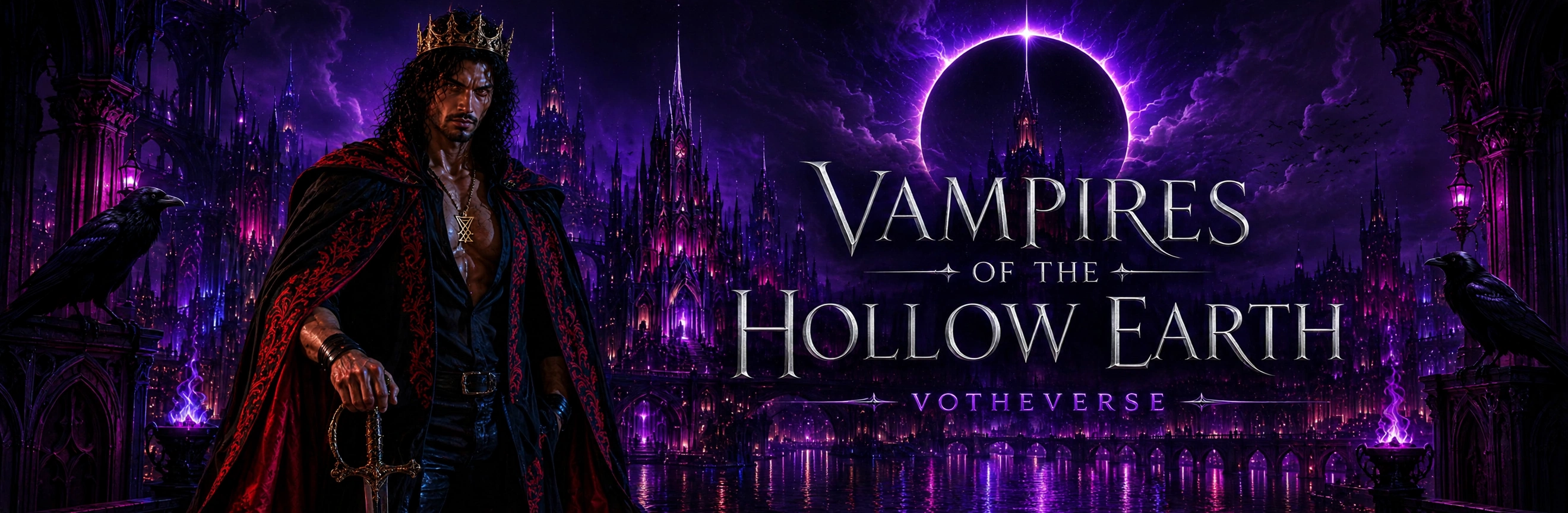 The VOTHE banner: King Lucien in his crimson-lined sovereign mantle over an open black shirt, his gold Lucifer sigil at his throat, crowned before a gothic cathedral city beneath a violet eclipse, ravens perched at either side, the words Vampires of the Hollow Earth and Votheverse in engraved silver
