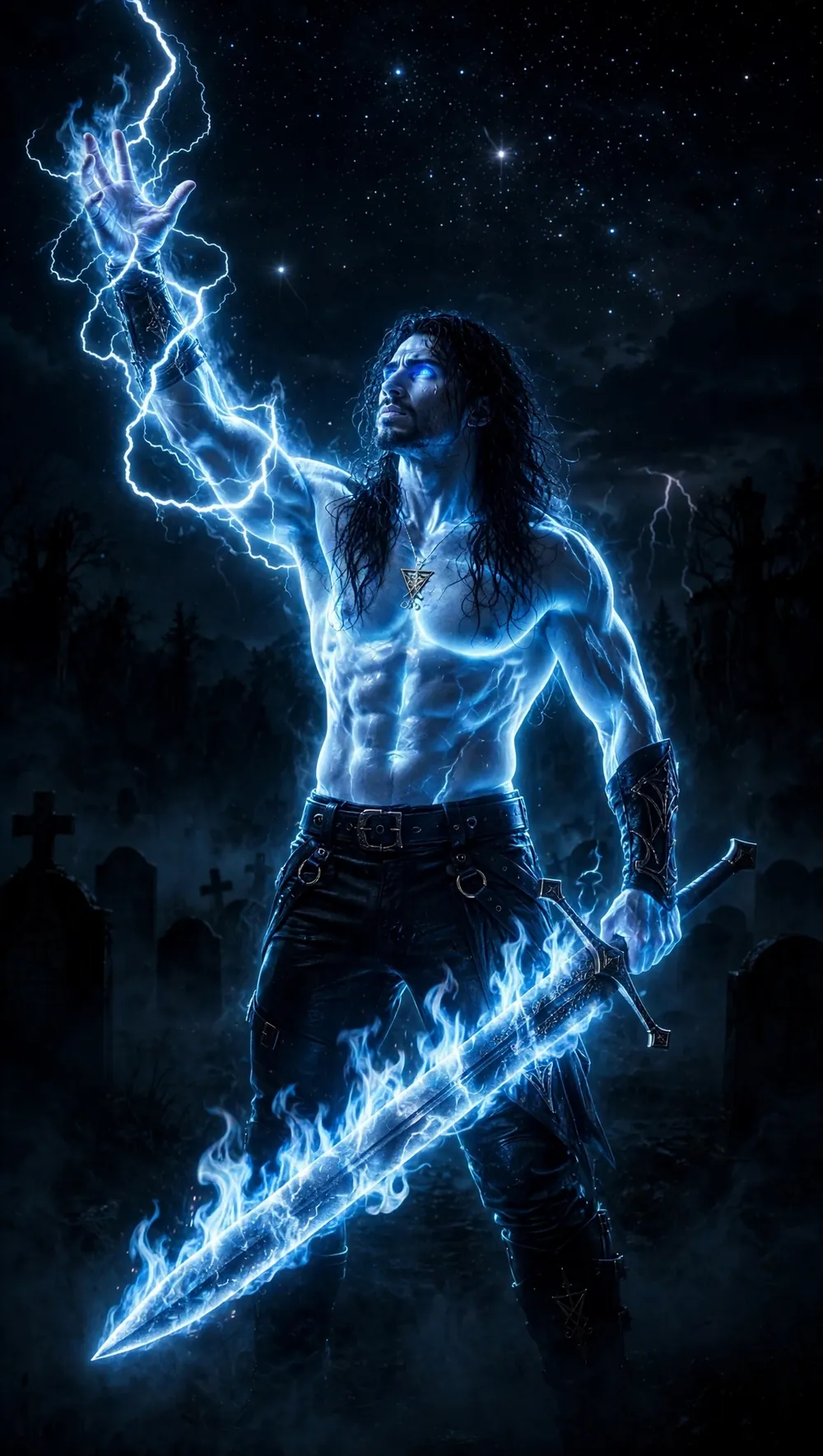 A vampire warrior wreathed in blue lightning, standing among the gravestones of the surface world